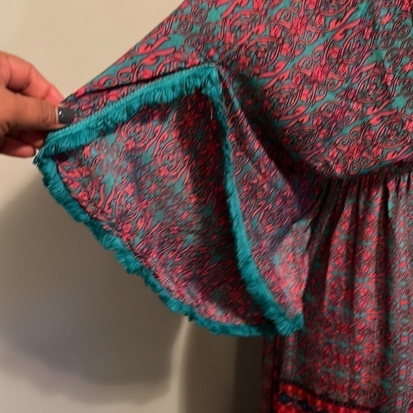 Patterned Maxi Dress in Red, teal and purple in size medium silk blend.  Fringe - Picture 13 of 15